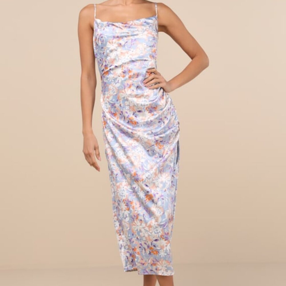 Lulus Truest Romance Slate Floral Print Sleeveless Ruched Midi Dress Blue